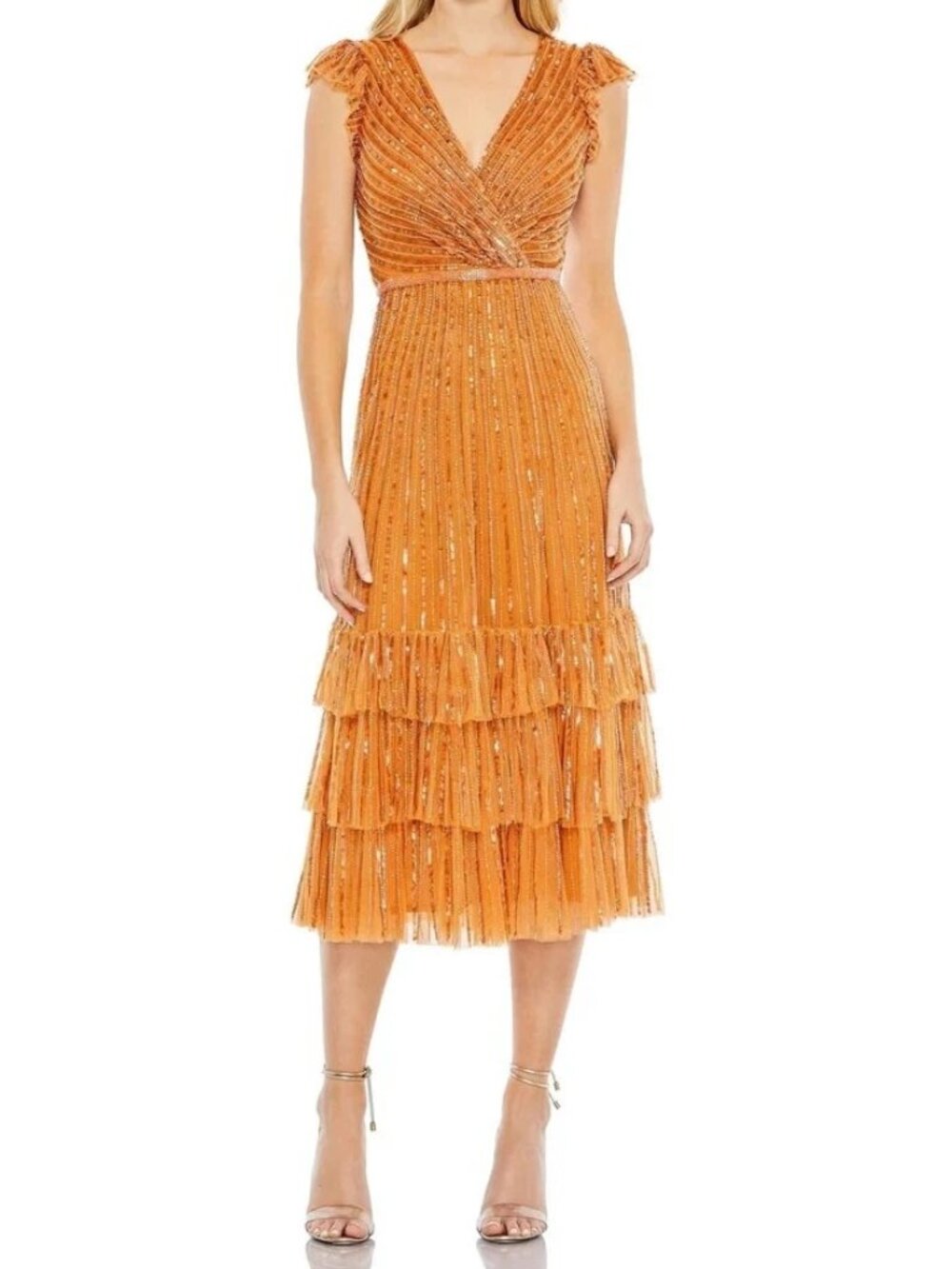 Mac Duggal Burnt Orange Sequin Faux Wrap Tulle Cocktail Dress